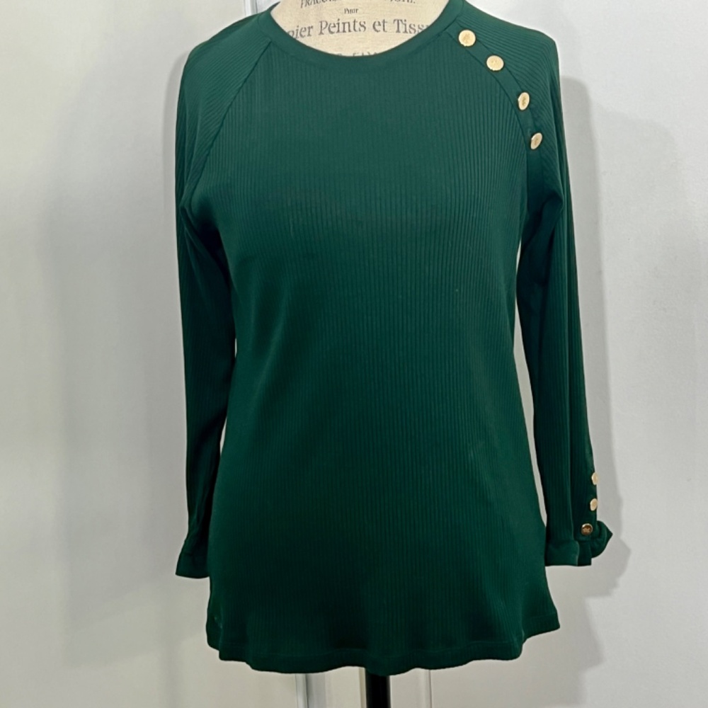 Ralph Lauren Button-Trim Cotton-Blend Knit Emerald Color Top women's
